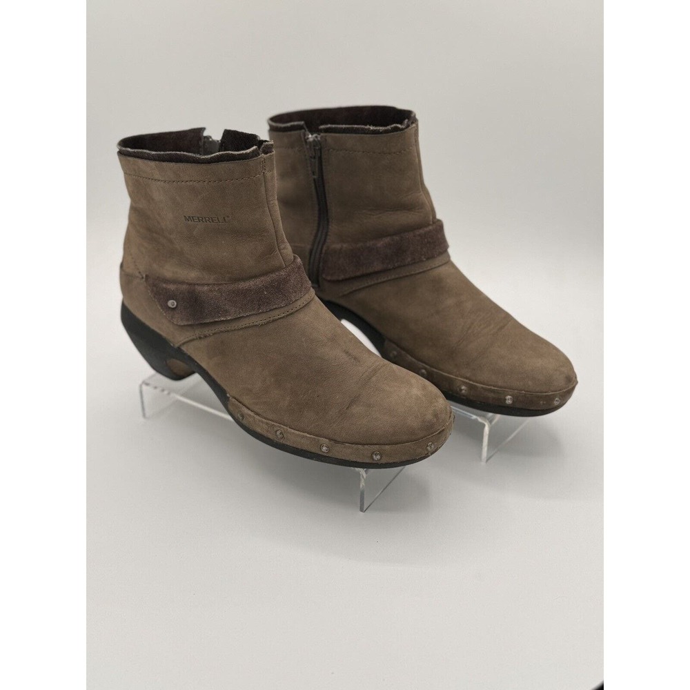 Merrell Boot Luxe Brown Leather Mid Ankle Heeled Zip Boho Casual Stud Size 9